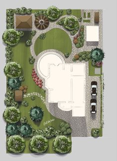 an aerial view of a garden with cars parked in the driveway and trees around it