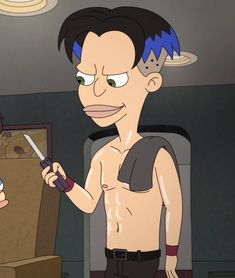 a cartoon character with no shirt holding a knife and looking at something in his hand