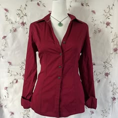 Red button up long sleeve. Best fits a s/m - Depop Maroon Button Up Shirt Outfits Women, Fitted Button Up, Red Button Up, Red Button Up Shirt Outfit, Red Blouse Outfit, Red Collared Shirt, Red Dress Shirt, Red Button Up Shirt