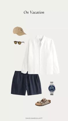 This simple Men's summer outfit idea is perfect for any vacation! British Summer Outfits Men, Elegant Summer Outfits Men, Men’s Summer Casual Outfits, Simple Outfits Men, Outfit For Swimming, Outfit Bermuda, Outfit Ideas Men Casual, Linen Summer Outfits