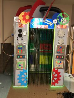 the machine is made out of plastic and has gears on it's front door