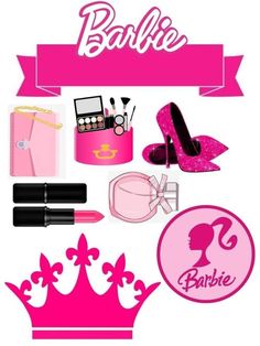 barbie party supplies including lipstick, shoes and tiara