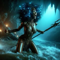 an image of a woman in the water with lights on her head and holding a spear