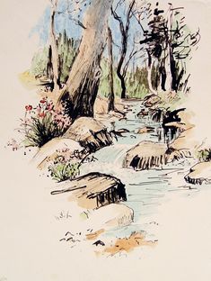 this is a drawing of a stream in the woods with rocks and trees around it