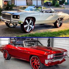 two different cars parked side by side in front of a garage and the other one with chrome rims