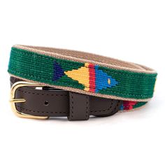 "This belt is perfect with jeans or chinos, in the office or on the golf course, on vacation or hard at work. And, the fish pattern is fun at any age. In keeping with the soft grain and casual appearance of our leather, we backed our hand-woven designs with a natural cotton web. When we added the solid brass buckle, we knew we had designed a belt that would last a lifetime. The colorful, hand-woven fabrics tell the story of the hands who weave them. This is more than just a good-looking belt: it is a belt with a purpose of helping women who have struggled for decades in the midst of the turmoil. (Read a little about the women who lovingly create the patterns that we then bring to our shop in Auburn, NY, to create our belts, collars, leashes, and key fobs. They are really the creative ones. Casual Brown Embroidered Belt, Fish Belt, Fish Pattern, Helping Women, Woven Fabrics, Fish Patterns, Women Helping Women, Suspender Belt, Brass Buckle