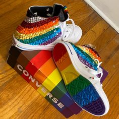 Size 6 Men/8 Women- I Can Fit These And I Wear A 9 Women! Never Wornwhite Based Sneaker With Hand Placed Pride Colored Stones, Comes With A Matching Belt (Small)- Wore Once. ~ Sorry, No Returns On All Items Purchased Custom Multicolor Converse Sneakers With Branded Insole, Painting Ideas Rainbow, Sporty Multicolor Custom Converse Sneakers, Converse Painting Ideas, Custom Multicolor Low-top Converse Sneakers, Pride Converse Tops, Converse Painting, Custom Converse Multicolor Low-top Sneakers, Decorated Converse