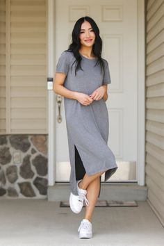 This is the perfect dress to feel comfortable in. It reminds us of the comfort your favorite tee shirt brings that you’ve kept for years! This dress is no different. Have your comfort in style with our slit hem tee shirt dress. Models are 5’6” and 5'8" wearing a size small Length of a small is 41" in the front and 47" in the back 95% Polyester, 5% Spandex Winter T Shirt, Dress Models, Winter T Shirts, Sporty Dress, Tee Shirt Dress, Sea Green, Split Hem, Fashion Sense, T Shirt Dress