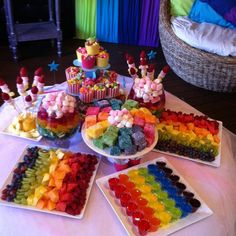 a table topped with lots of different types of candies and cupcakes on plates