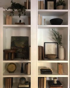 a white book shelf filled with books and plants