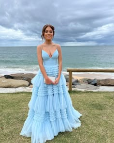 Blue Layered Prom Dress, Long Layered Ruffle Dress, A Line V Neck Prom Dress, Tulle Formal Dress Long, Prom Dress Necklines, Blue Tiered Prom Dress, Ruffle Blue Dress, Light Blue Tulle Prom Dress, Prom Dresses Loose