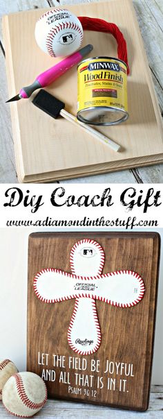 the diy coach gift is made with baseballs, yarn and glue on it