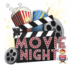 an image of movie night with popcorn and film reels on white background for poster or flyer