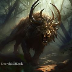 an animal with large horns walking through a forest