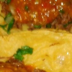 an omelet with meat and cheese is shown in close up on a plate