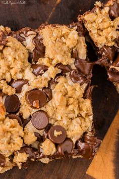 chocolate chip cookie bars are stacked on top of each other