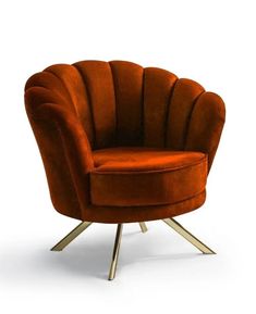 an orange chair sitting on top of a white floor next to a metal leg rest