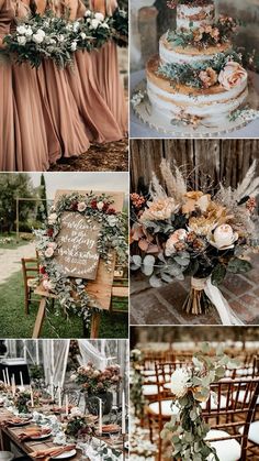 a collage of photos with flowers and greenery on the top, in different colors