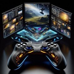 a video game controller sitting in front of three monitors