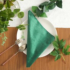 a green napkin sitting on top of a white plate next to a potted plant