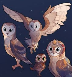 four owls flying in the night sky