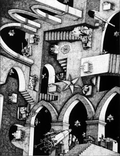 a black and white drawing of a building with stairs, stars, and other objects