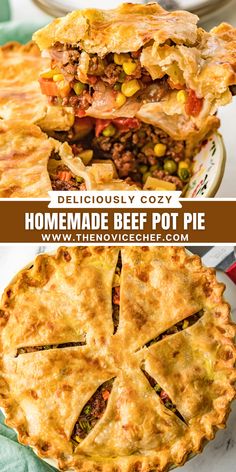 homemade beef pot pie is cut in half and stacked on top of each other with text overlay that reads deliciously cozy homemade beef pot pie