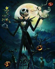 a halloween scene with a skeleton holding two pumpkins