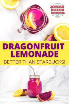 dragonfruit lemonade in a jar with sliced oranges on the side