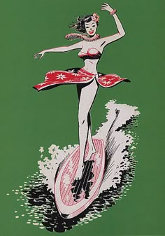 a woman riding on top of a surfboard in red and white dress with an american flag