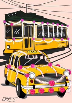 two yellow taxi cabs are parked in front of a cable car that is decorated with pink and white flowers