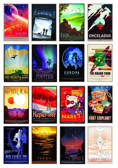 a series of posters depicting the different types of space travel around the world, including mars and earth