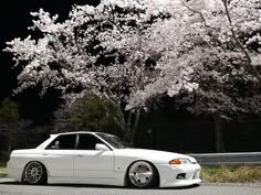 a white car parked on the side of a road next to trees with pink flowers