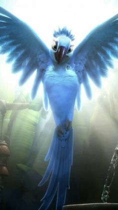 a blue bird with its wings spread out