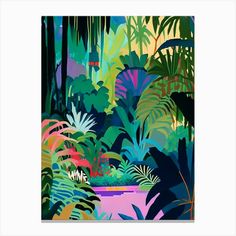 a painting of tropical plants and trees