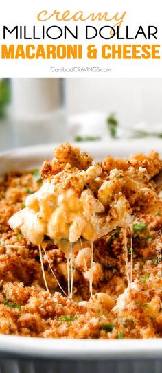 a casserole dish with macaroni and cheese being scooped from the casserole