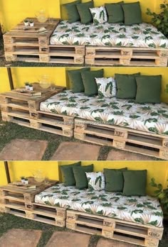 two pictures of a couch made out of wooden pallets with pillows on top and bottom