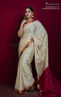 Mysore Crepe Pure Silk Saree in Alabaster White, Deep Cerise Pink and Brush Gold Alabaster White, Beautiful Sarees, Cerise Pink