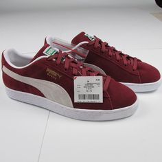 Modern Version Of The 80s Classic Suede Puma Sneakers, Color Is Called Cabernet (Wine Burgundy Purple/Red) With White Stripe And Soles In Men's Size 10 Comes With Extra White Laces As Pictured. They Are Brand New With Store Price Tag & Size Stickers, No Box Or Other Packaging Included, That Being Said I Will Say New With Shelf Wear. As You Know Shoe Sizes Can Run Differently, Please Be Sure Of Your Size And Proper Fit Based On Brand And Style Of Shoe Before Purchasing. All My Items, Come From A Casual Burgundy Sneakers With Cushioned Footbed, 80s Shoes, Tennis Sneakers, New Retro, Puma Suede, Puma Sneakers, Mens Fashion Shoes, Sneakers Shoes, Price Tag