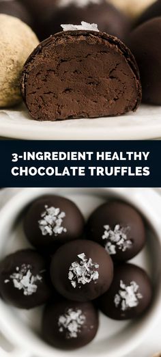 chocolate truffles with white sprinkles on them and the words 3 ingredient healthy chocolate truffles