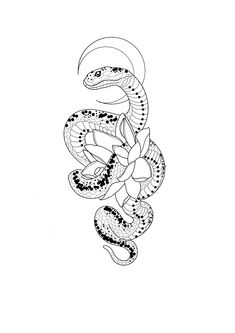 a black and white drawing of a snake with flowers on it's back end