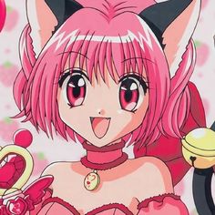 an anime character with pink hair and big eyes