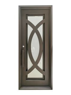 an iron door with glass panels on the front and side doors, which are dark brown