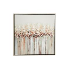 an abstract painting with white and brown flowers on the bottom, in a silver frame