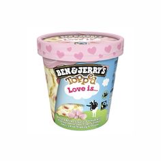 an ice cream cup with pink hearts on the top and toppings in it's wrapper