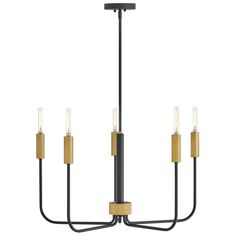 a black and gold chandelier with five lights hanging from the bottom, on a white background