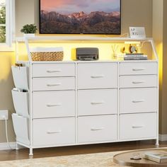 KOUSEI 11 Drawers Dresser with Charing Station USB Ports & LED Lights White Dressers for Bedroom, Modern Tall Dresser with Side Pockets, Fabric & PU Storage Dressers, Dressers for Bedroom Kids, Chests of Drawers for Closet Hallway Living Room Entryway Rustic. With 7 big and 4 small large capacity drawers, this white bedroom furniture can be used as a storage dresser for bedroom to organize daily stuff and clothes. With 110 lbs load capacity wood top, 2 AC outlets and 2 USB Ports, it can also be Long Dressers, Modern Tall Dresser, Dresser For Kids, Drawers For Closet, White Dressers, Dressers For Bedroom, Tv Console Cabinet, Led Lights White, Closet Hallway