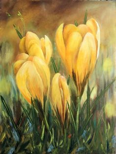 a painting of yellow flowers in the grass