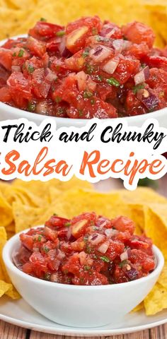 salsa in a white bowl with tortilla chips on the side and title text overlay