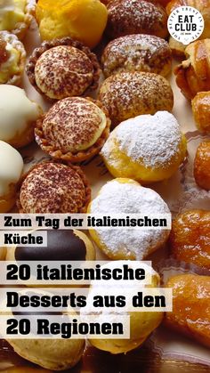 there are many different types of pastries on the table with words in german above them